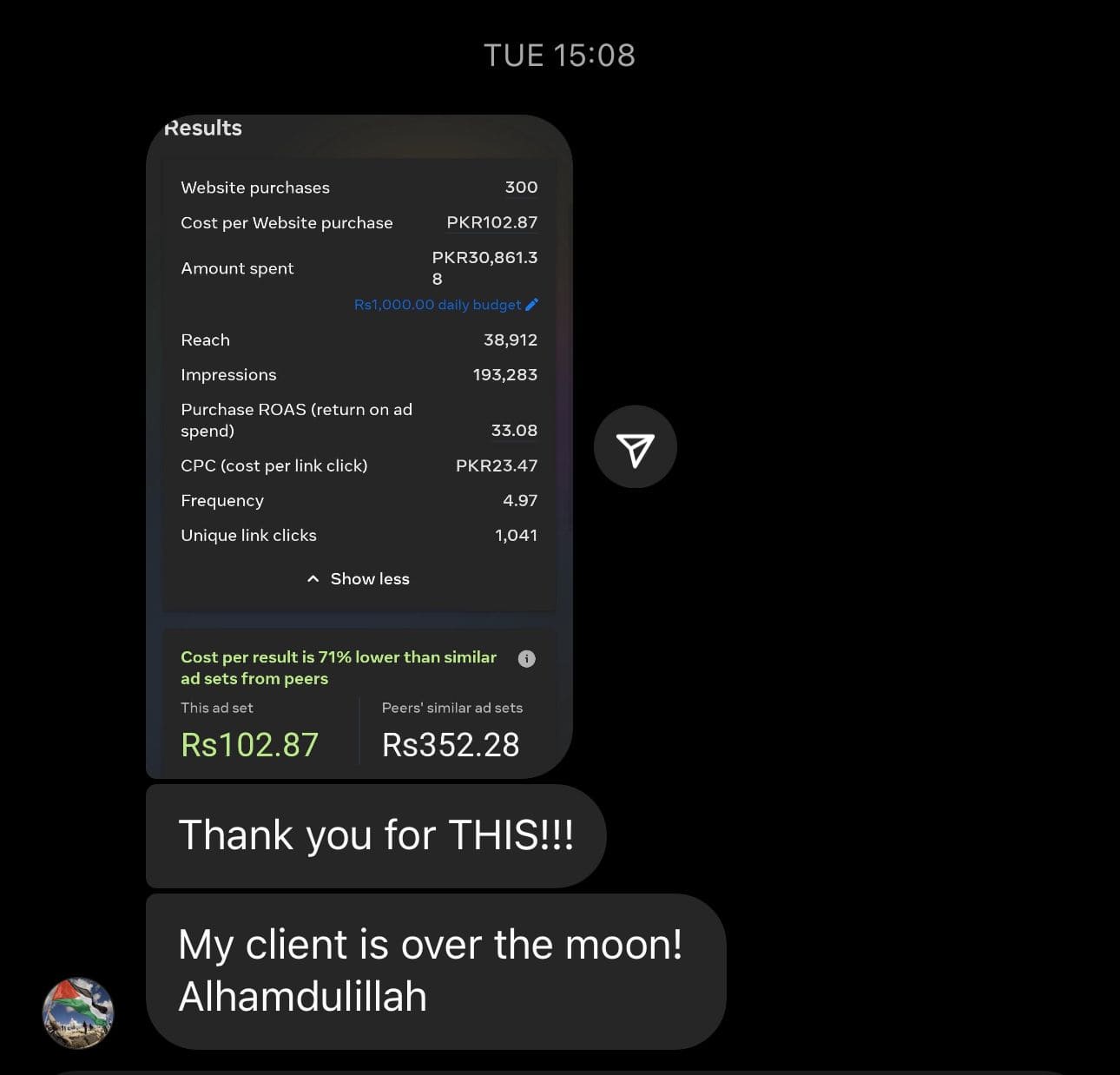 300 purchases — ROAS 33.08